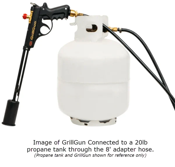 GrillBlazer GrillGun connected to a bulk propane tank with 8-foot adapter hose – setup for extended grilling sessions