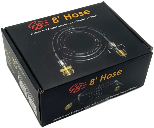 Perspective view of GrillBlazer 8' Adapter Hose retail packaging – propane torch hose for GrillGun and Su-VGun