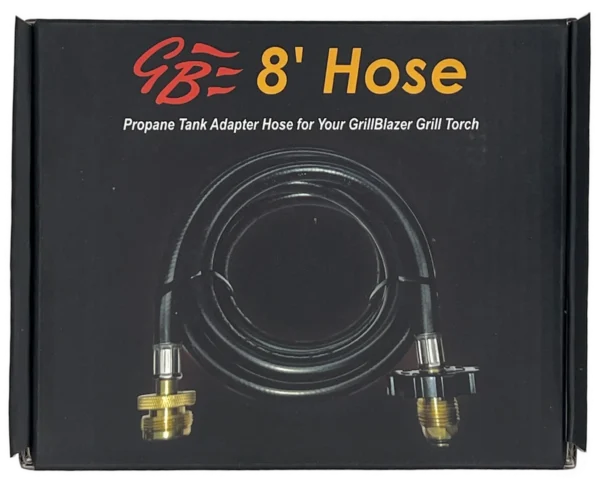 Top-down view of GrillBlazer 8' Adapter Hose product box – propane hose accessory for GrillGun and Su-VGun