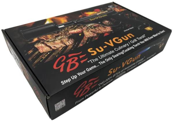 Angled view of GrillBlazer Su-VGun packaging – includes high-powered culinary torch and stand