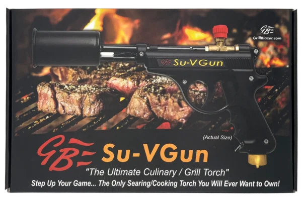 Top view of GrillBlazer Su-VGun retail packaging – includes torch and stand for sous vide and grilling