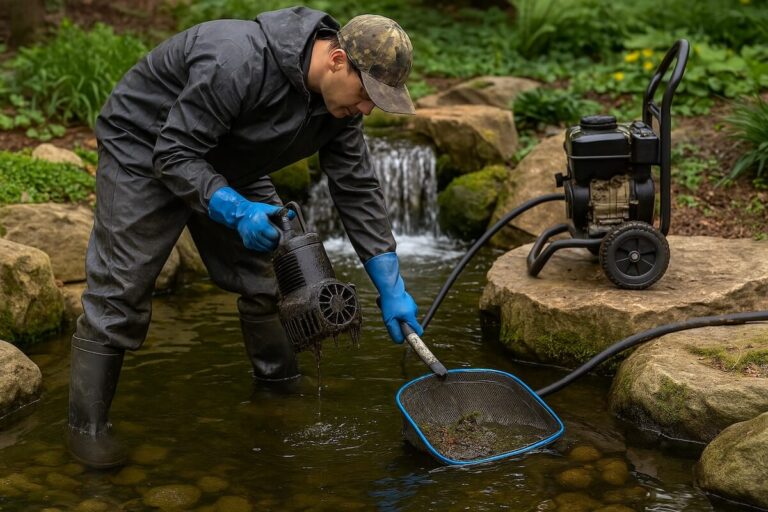Worker in waterproof gear performing pond maintenance with a net and pump in a backyard water feature surrounded by rocks and a small waterfall.
