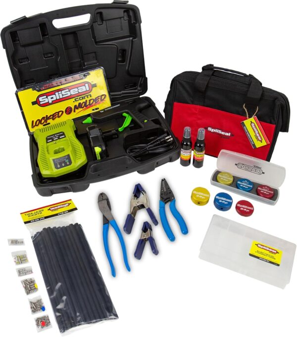 Full view of the SpliSeal Road Warrior Kit with canvas tool bag, wire sealing molds, cordless glue gun, crimper, and electrical connectors