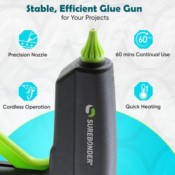 SpliSeal 120W glue gun displayed against a blue and white background, emphasizing its precision nozzle, quick heating, and 60 minutes of continuous cordless operation.