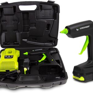 SpliSeal 120W Professional Glue Gun Kit displayed with the glue gun, 18V battery, charger, and durable carrying case arranged neatly on a clean surface.