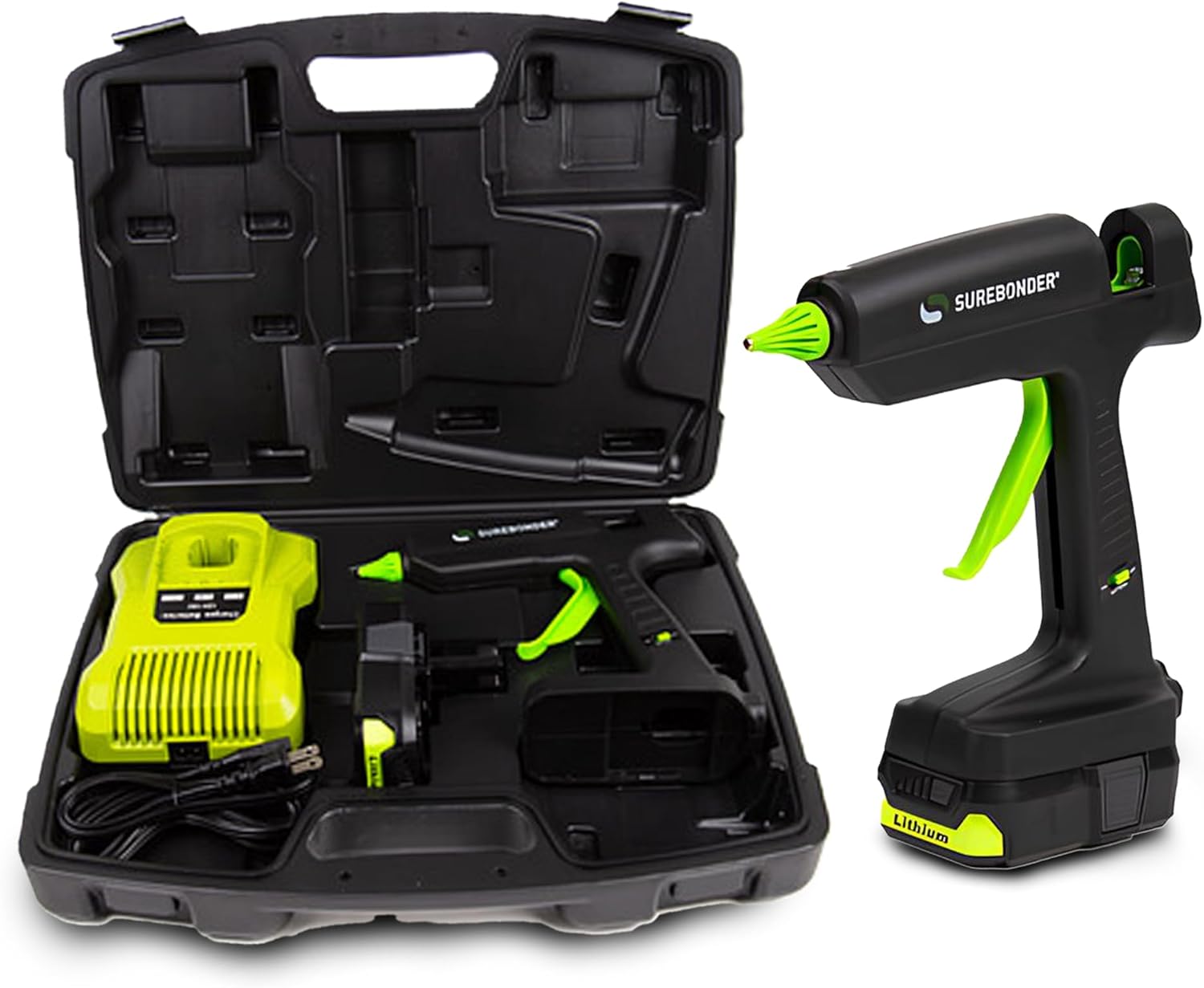 SpliSeal 120W Professional Glue Gun Kit displayed with the glue gun, 18V battery, charger, and durable carrying case arranged neatly on a clean surface.