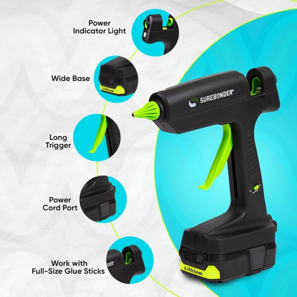SpliSeal 120W Professional Glue Gun with 18V lithium-ion battery and charger, showcasing the main tool components on a blue surface