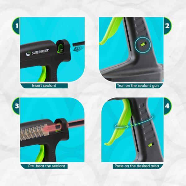 Step-by-step visual guide showing how to use the SpliSeal glue gun for sealing wire splices, including inserting glue, applying to a mold, and completing the connection.