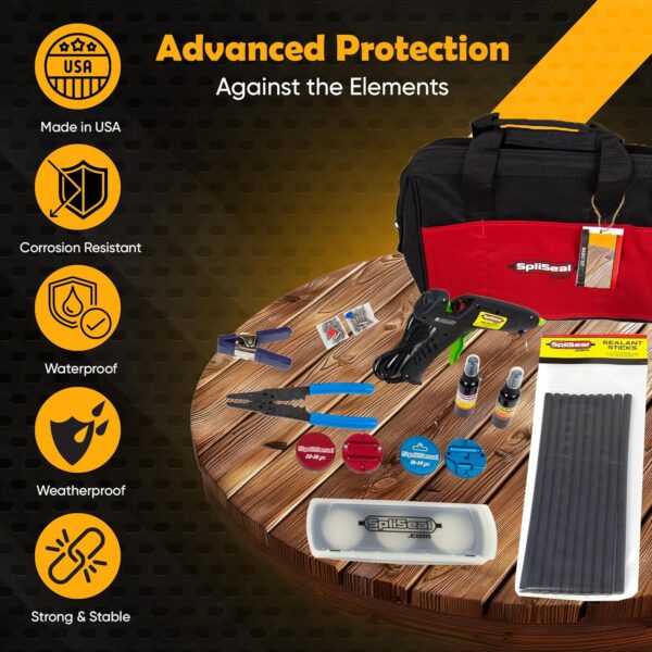 Complete SpliSeal Basic Kit shown inside canvas tool bag with glue gun, wire tools, sealing molds, and connectors