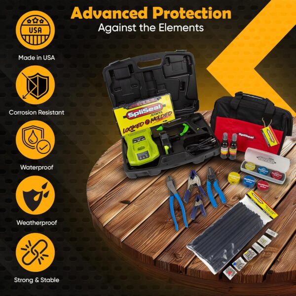 Top-down view of the SpliSeal Road Warrior Kit components including glue gun, wire stripper, crimper, sealing molds, and connectors in a tool bag layout