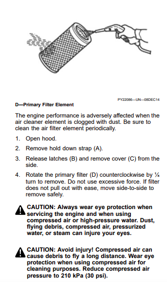 John deere 3025d, 3035d, and 3043d tractors operator’s manual air filter cleaning