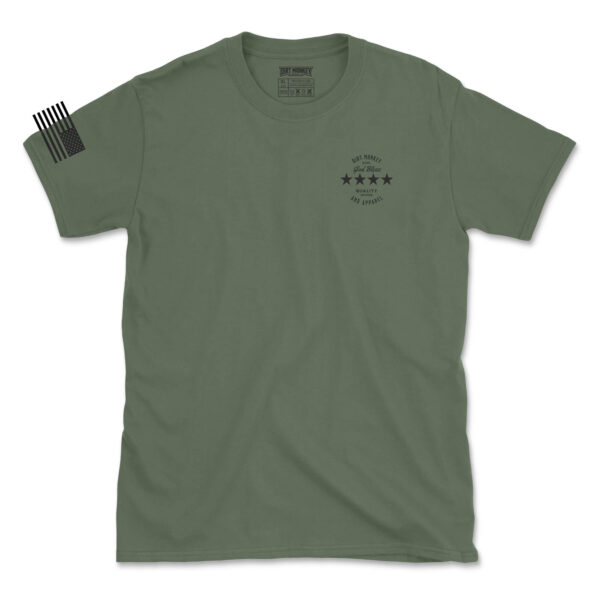 Dirt monkey god bless tee front black on military green
