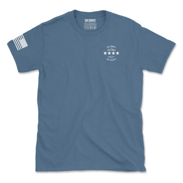 Dirt monkey god bless tee front indigo blue