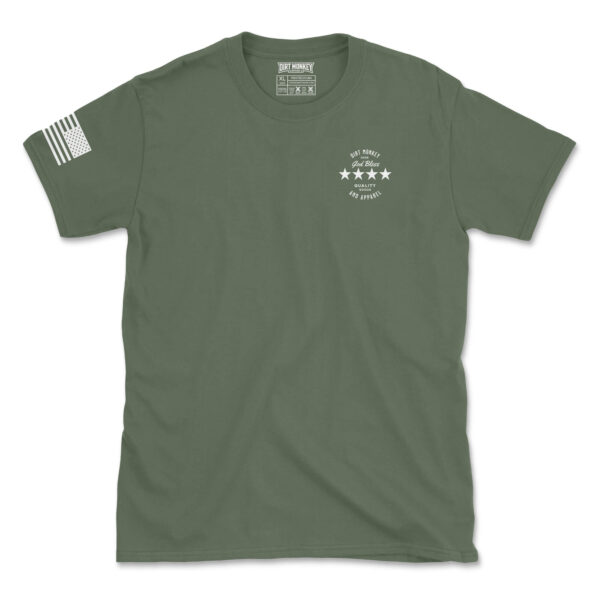 Dirt monkey god bless tee front white on military green
